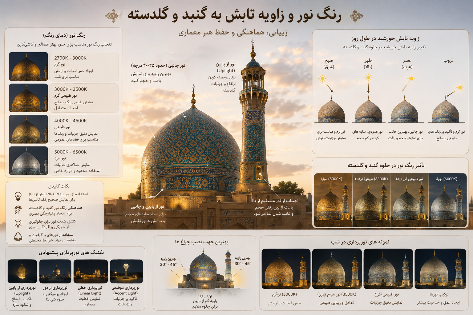 رنگ نور و زاویه تابش به گنبد و گلدسته؛ چگونه نور مناسب جلوه معماری را تقویت می کند