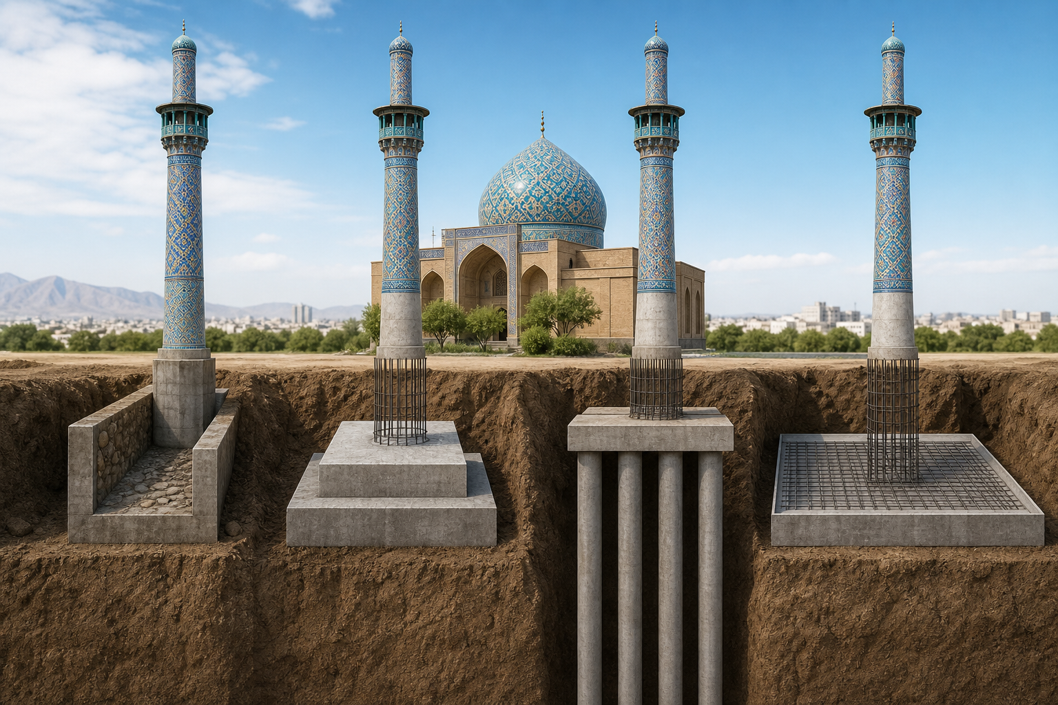 مقایسه انواع پی برای گنبد و گلدسته: پی نواری، پی گسترده، شمع و صفحه کف